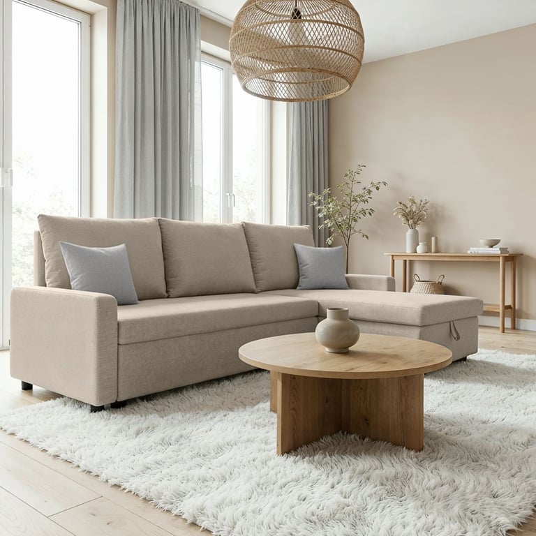 Corner sofa bed Lynda in beige in a modern living room.