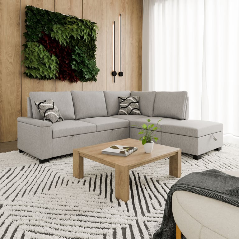 DAKO Right Corner Sofa ABIGAIL – L-Shaped Fabric Settee with Storage & Bed
