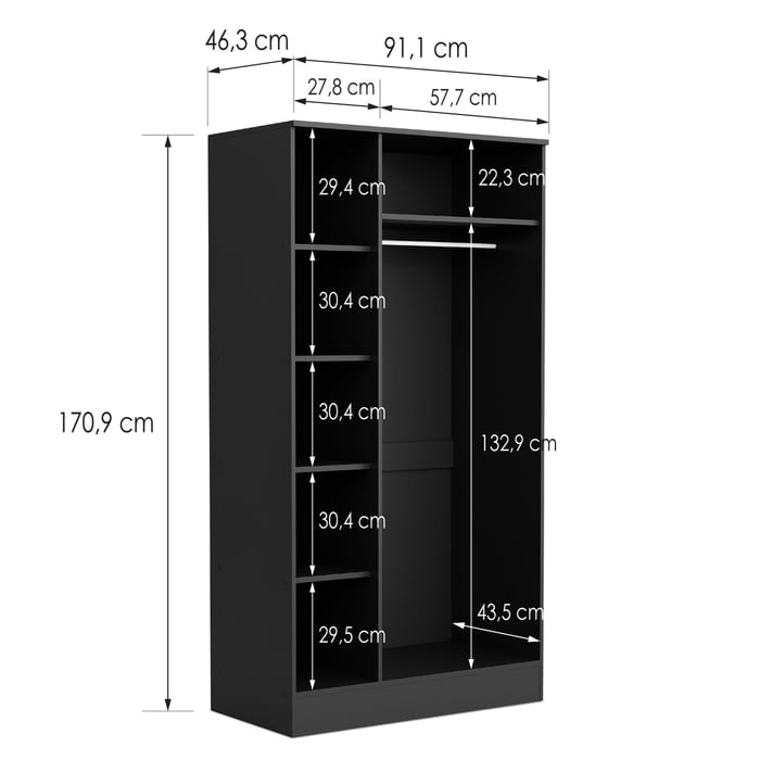 Wardrobe ESSENTIAL 3DR - Black open showing the interior with dimensions