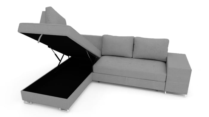 Corner sofa bed Martha left in grey showing storage container.