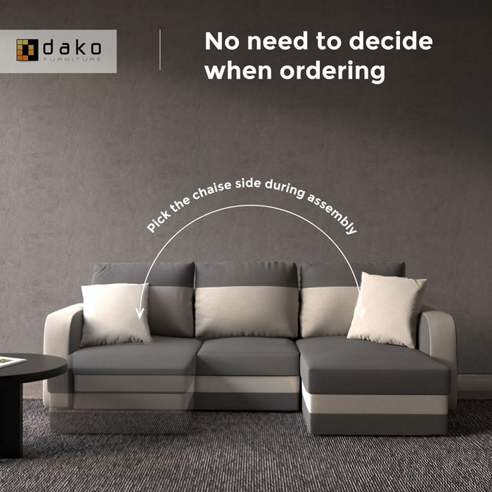 Modern grey and beige corner sofa with reversible chaise lounge, allowing left or right configuration during assembly.