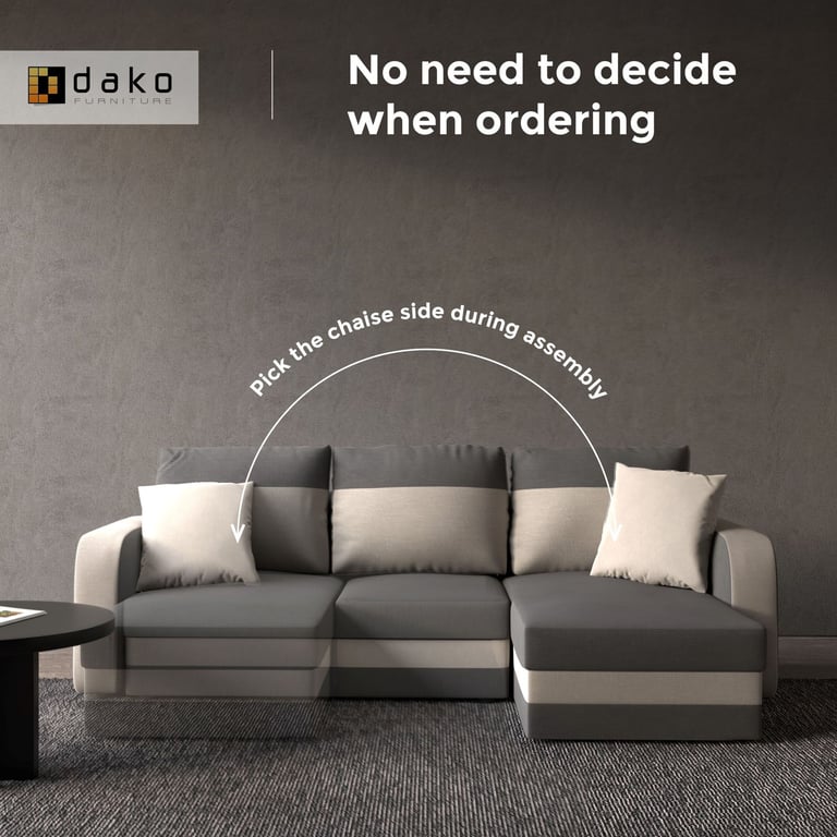 Modern grey and beige corner sofa with reversible chaise lounge, allowing left or right configuration during assembly.