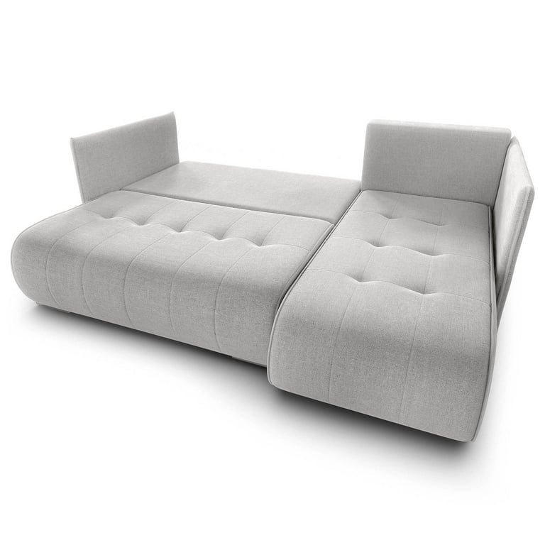 The grey unfolded corner sofa NESSA presenting sleeping area.