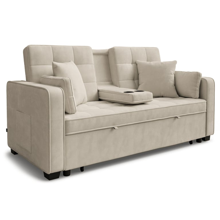 Sofa Bed KINSLEY - Beige with pull-out armrest in the middle with 2 cup holders