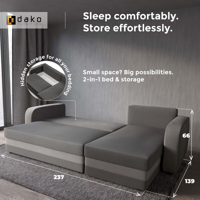 Grey and graphite corner sofa bed unfolded into a sleeping position, featuring hidden storage and compact dimensions.