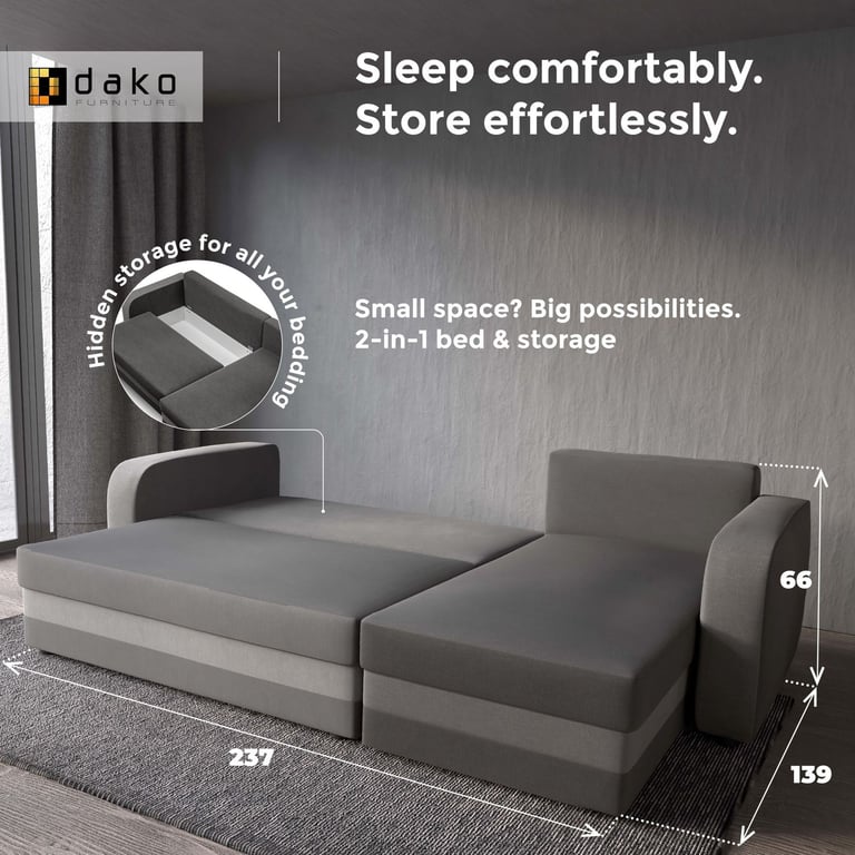 Grey and graphite corner sofa bed unfolded into a sleeping position, featuring hidden storage and compact dimensions.