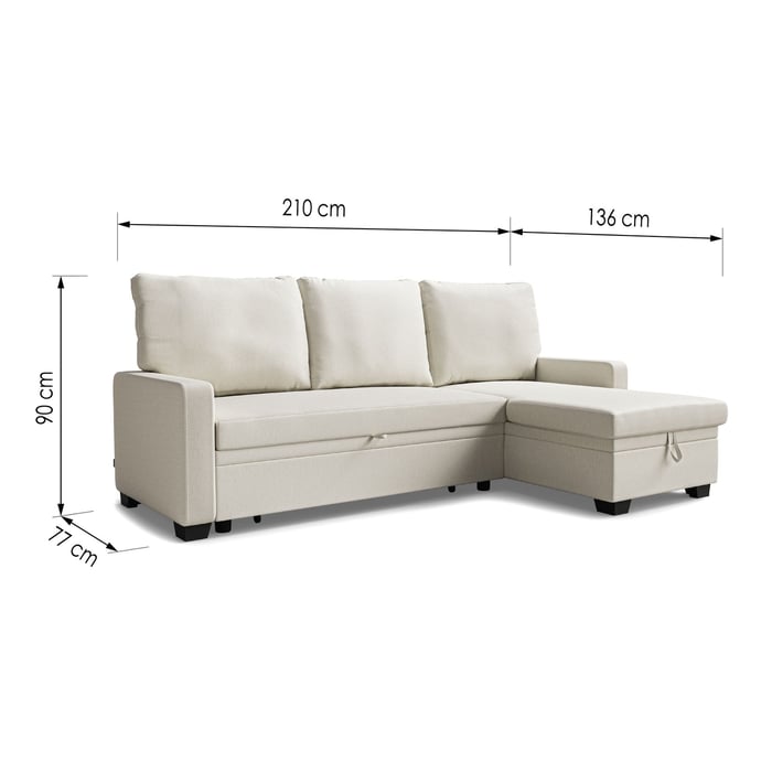 Corner Sofa Bed SUSANNE - Cream with dimensions