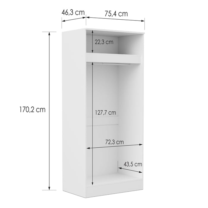 Wardrobe ESSENTIAL 2DR - White showing the interior and with dimensions