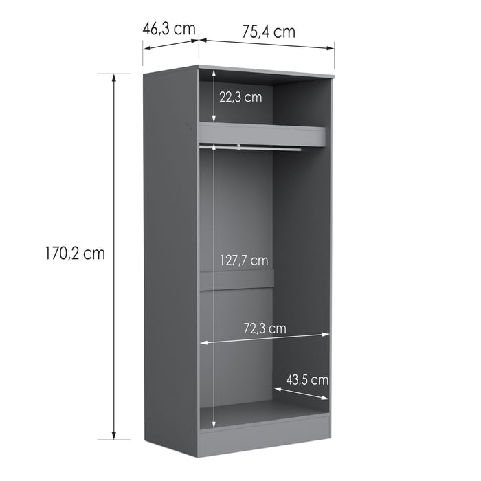 Wardrobe ESSENTIAL 2DR - Grey showing interior with dimensions