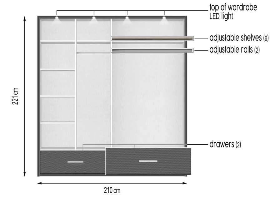 TOLEDO 210cm Wardrobe White - 2