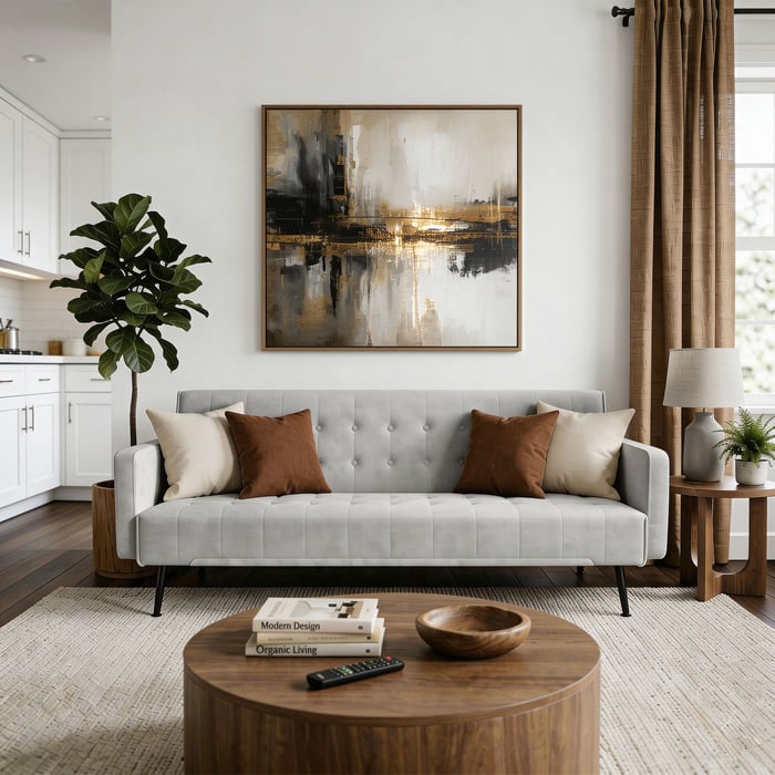 Sofa bed SILVIA in grey in a beautiful living room.