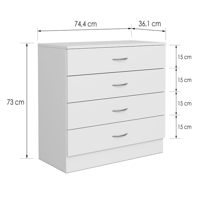 The dimensions of the ESSENTIAL chest of drawers in white.
