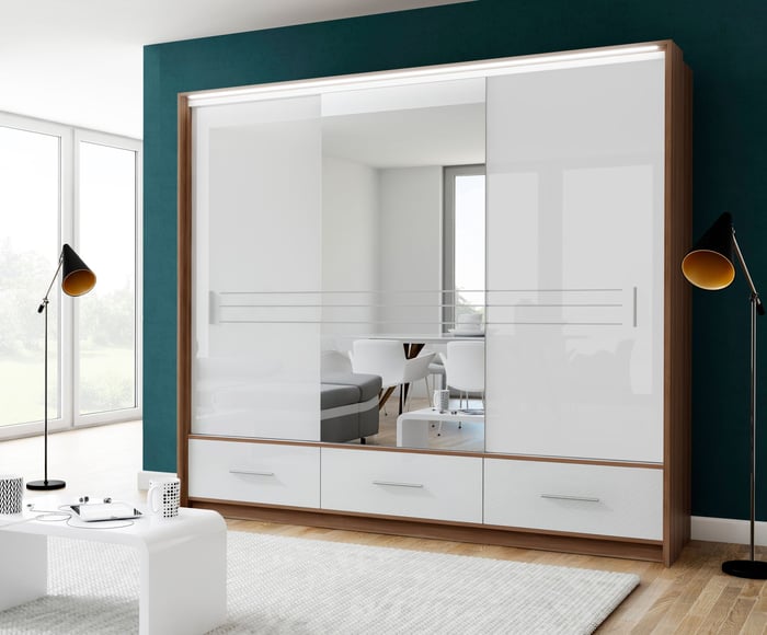 Wardrobe AMSTERDAM 255 Walnut / White Gloss + Mirror in a room