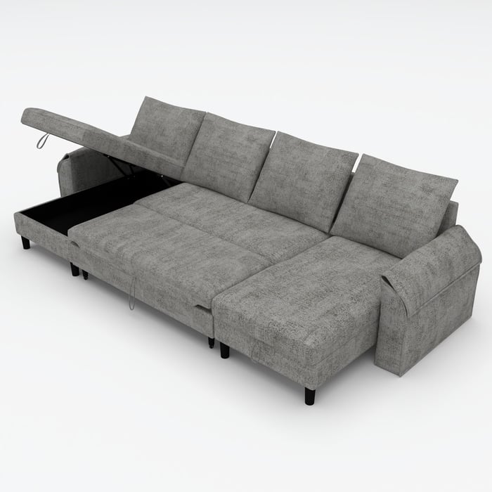 U-Shaped Corner Sofa Bed AALIJA - Grey showing sleeping function and storage container