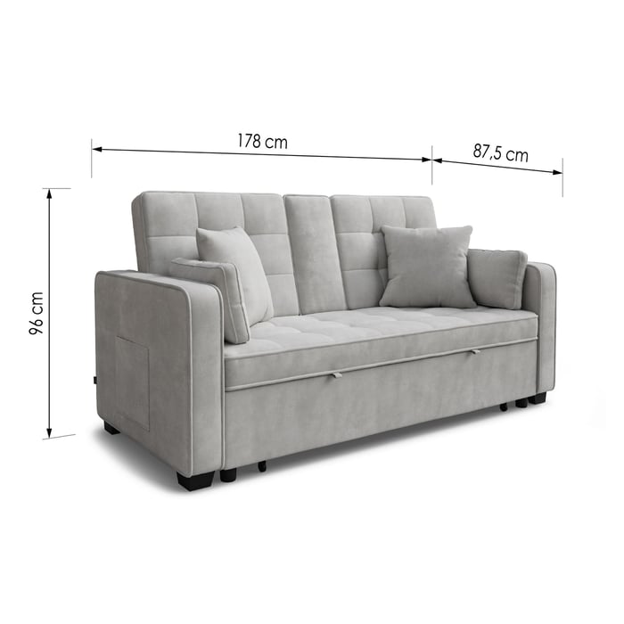 Sofa Bed KINSLEY - Grey with dimensions