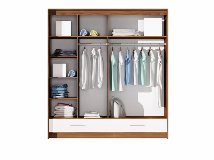 Interior of Wardrobe AMSTERDAM 203 Walnut / White Gloss + Mirror