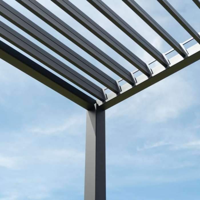 Close up of the louvres on Titan Aluminium Wall Mounted Pergola - 3m Square - Grey