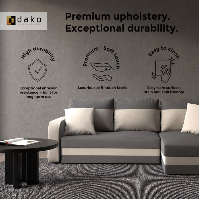 Close-up view of a grey and beige upholstered corner sofa, showcasing premium fabric, high durability, and easy-to-clean surface.