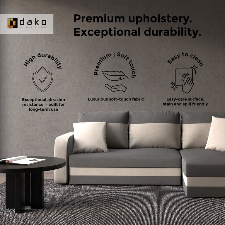 Close-up view of a grey and beige upholstered corner sofa, showcasing premium fabric, high durability, and easy-to-clean surface.