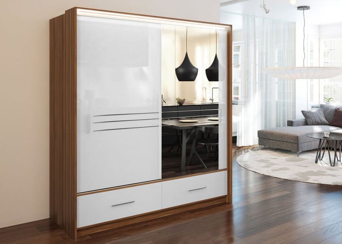 Wardrobe AMSTERDAM 203 Walnut / White Gloss + Mirror in a room