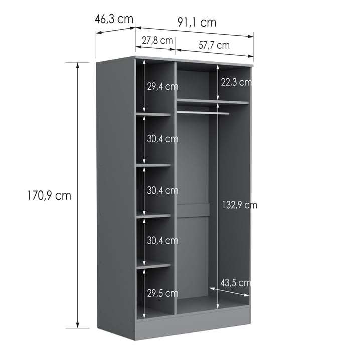 Wardrobe ESSENTIAL 3DR - Grey showing the interior with dimensions