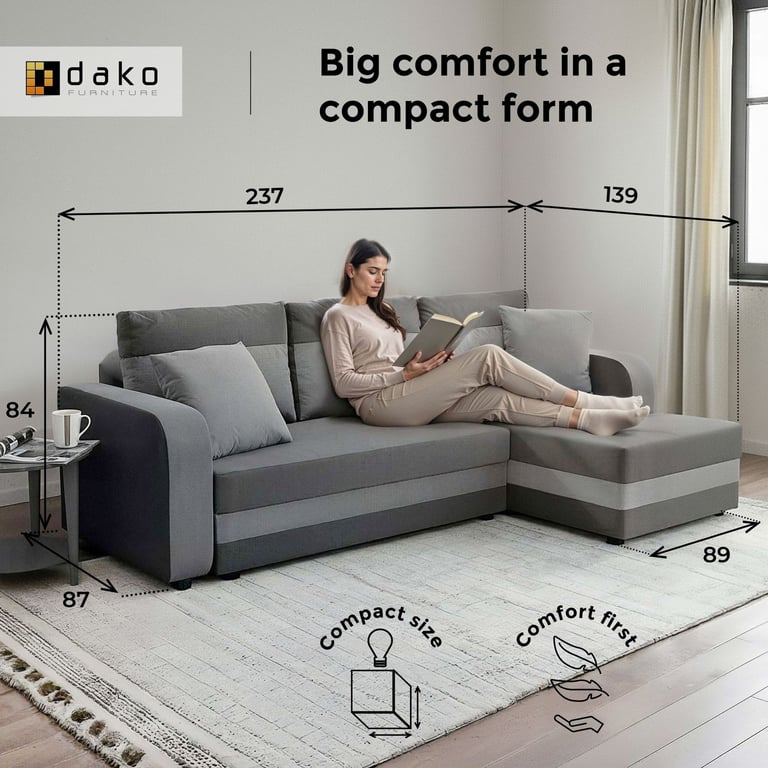 Compact grey and graphite corner sofa with chaise lounge, shown in a modern living room, highlighting space-saving design and comfort.