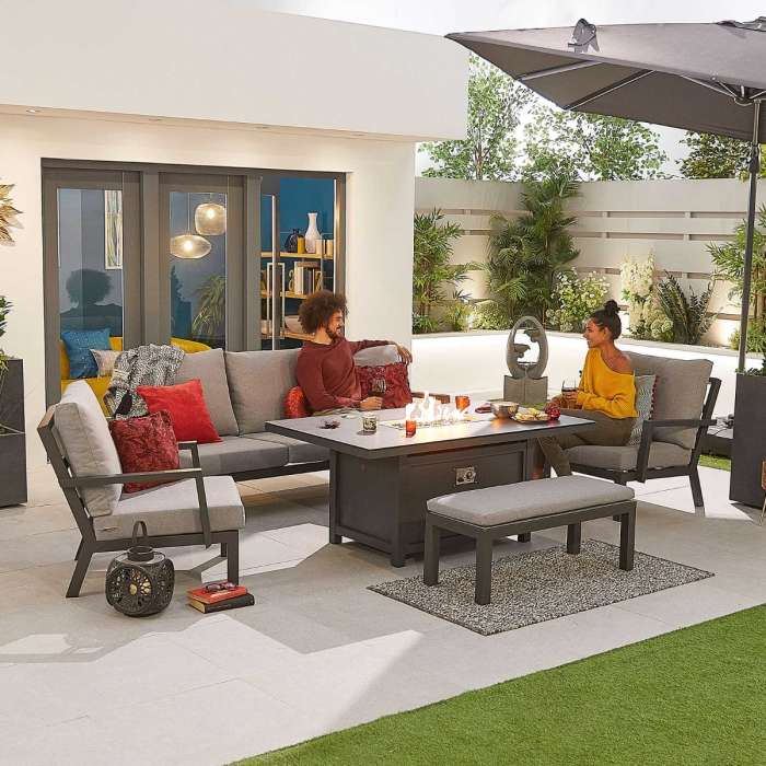 Vogue Aluminium Sofa Dining Set with Firepit Table Bench Grey Dako Furniture