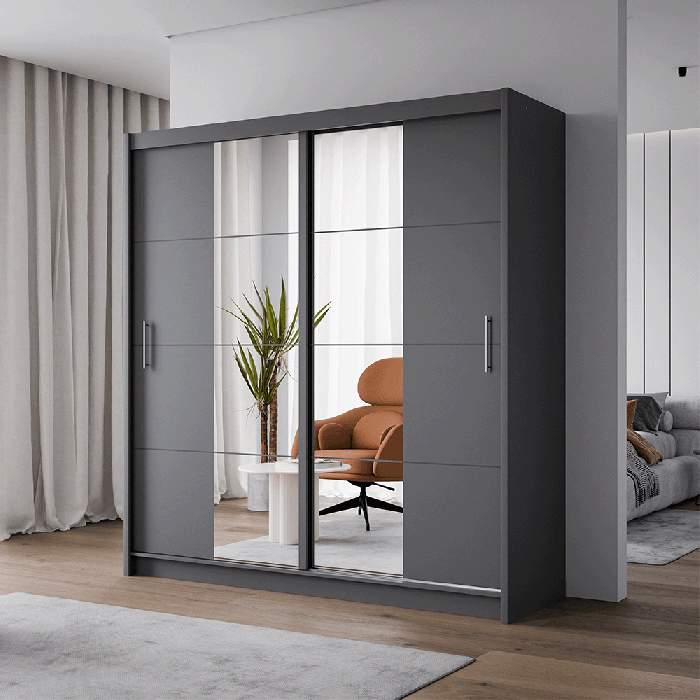 DAKO Mirror Sliding Door Wardrobe PORTO 2 Graphite 2 Sizes - Picture 19 of 27