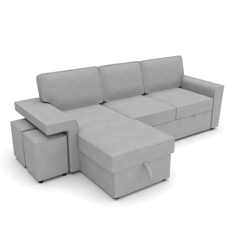 Corner Sofa Bed EVERLY - Grey with the 2 footstools tucked under the armrest