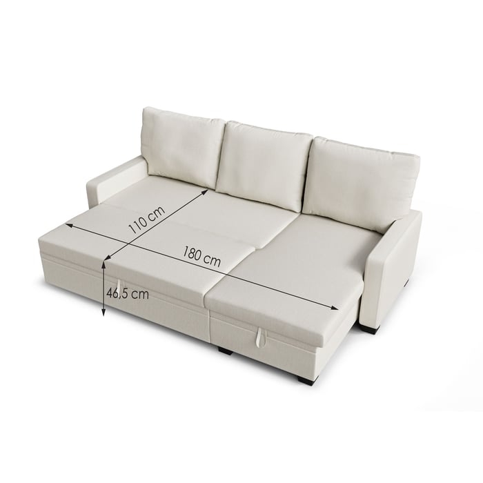 Corner Sofa Bed SUSANNE - Cream showing sleeping function with dimensions