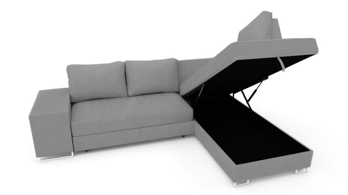 Corner sofa bed Martha right in grey showing storage container.