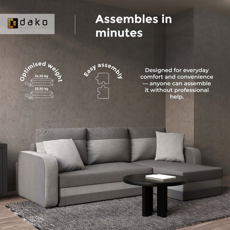Grey and graphite corner sofa designed for easy assembly, lightweight construction, and everyday comfort in small living spaces.