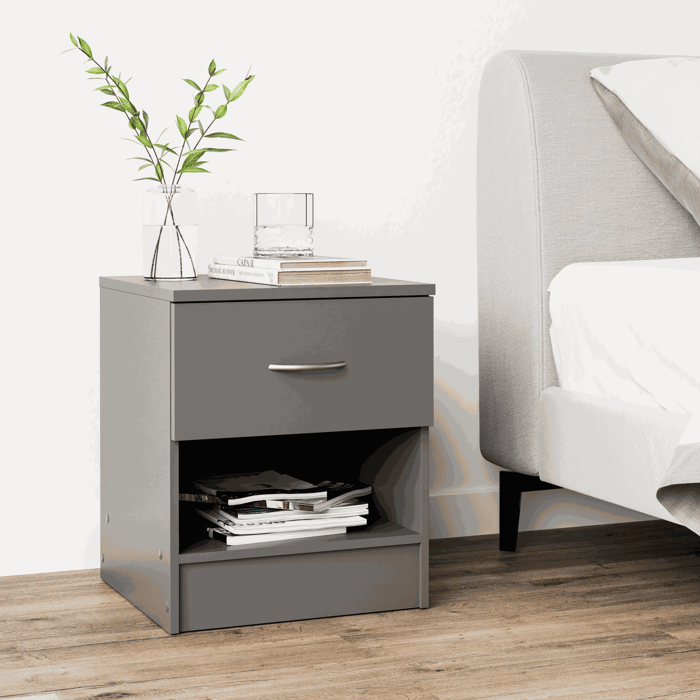 The bedside table ESSENTIAL grey with 1 drawers in a beautiful bedroom.