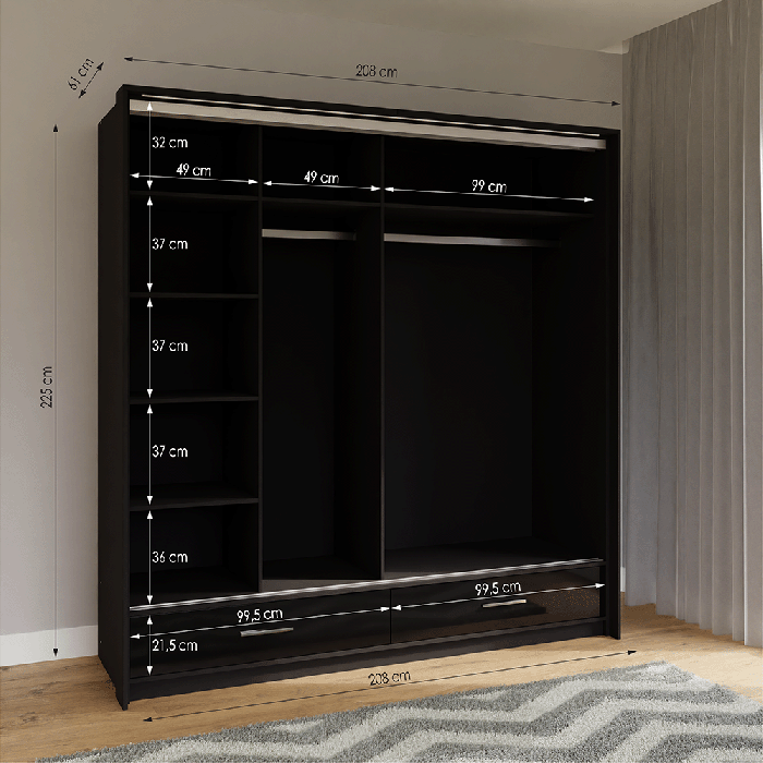 DAKO Sliding Wardrobe With Mirror Drawers MARSYLIA Spacious Storage - Picture 11 of 44