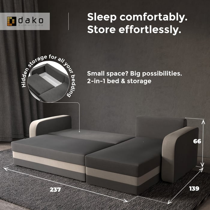 Grey and beige corner sofa bed unfolded into a sleeping position, featuring hidden storage and compact dimensions.