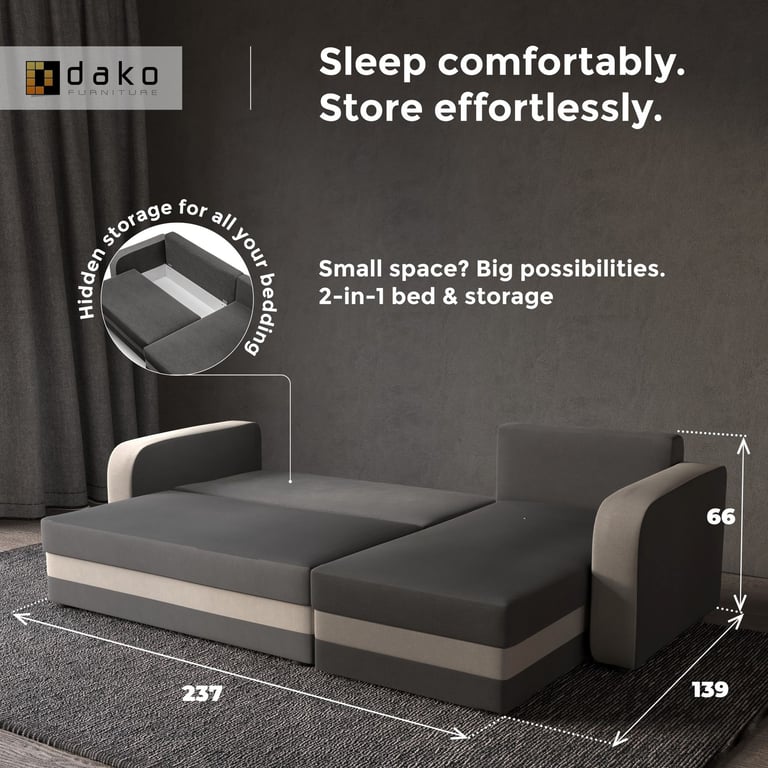 Grey and beige corner sofa bed unfolded into a sleeping position, featuring hidden storage and compact dimensions.