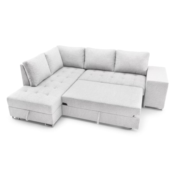 Corner sofa bed Martha left in cream presenting sleeping function.