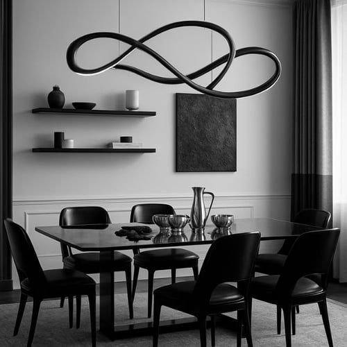 Modern black dining room with sculptural infinity light fixture and minimalist decor