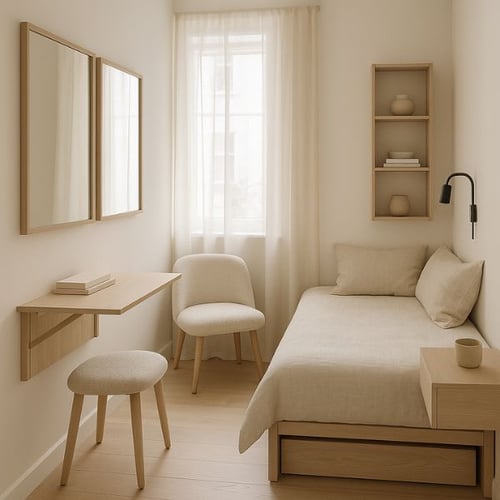 Small Scandinavian guest bedroom with light wood and compact furniture