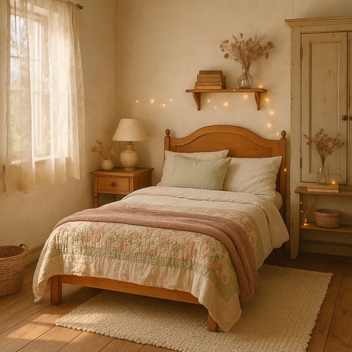 Jasna cottagecore bedroom z drewnianym łóżkiem, pastelową pościelą i delikatnymi światełkami na ścianie, w rustykalnym stylu z nutą nostalgii.