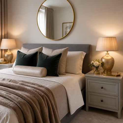 Elegant bedroom with soft neutral bedding, velvet cushions, gold lamps and round mirror – chic glam bedroom ideas with warm lighting.