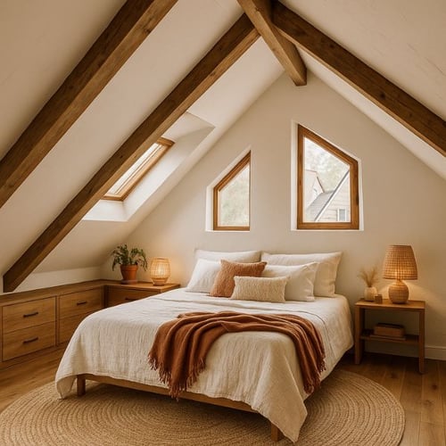 Cozy attic loft bedroom with wooden beams and neutral decor