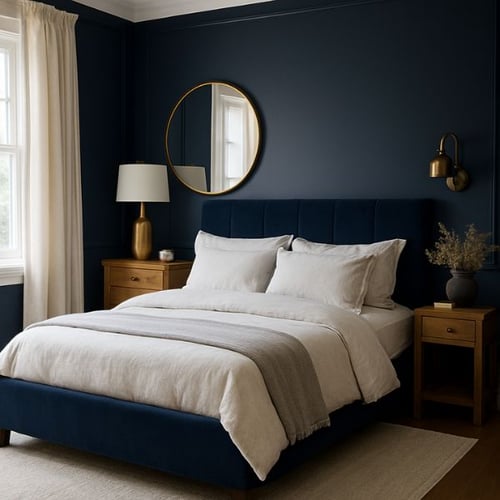 Navy blue bedroom with a velvet bed, gold wall lights, and matching wooden nightstands