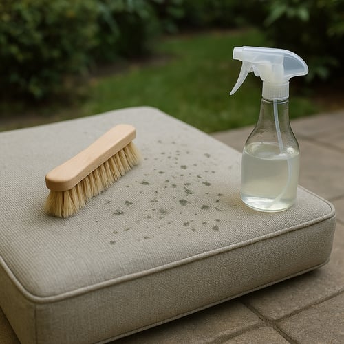 A soft-bristled cleaning brush and spray bottle placed on a dirty garden cushion with visible mould spots, showing the first step in how to clean outdoor cushions with stubborn stains.