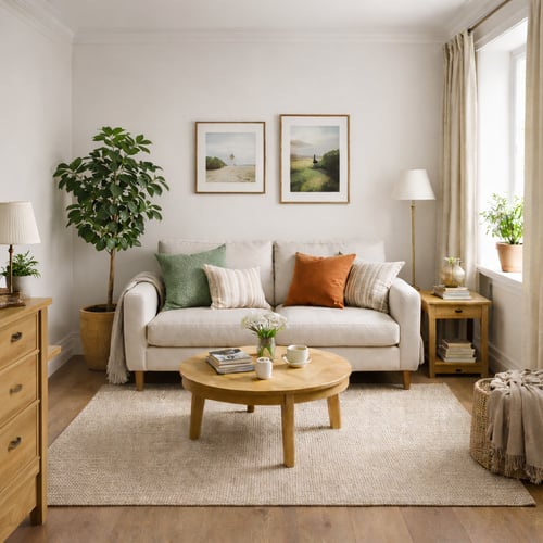Stylish and inviting small apartment living room with natural wooden decor, plants, and a soft-toned sofa — an inspiring example of small apartment ideas with a cosy touch.