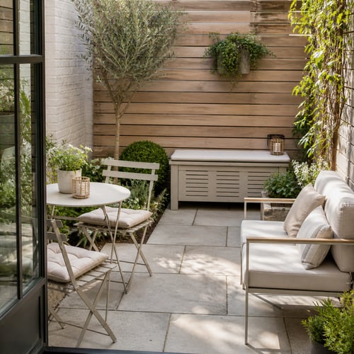 Small private patio with table, folding chairs and cushioned bench surrounded by greenery – stylish garden seating ideas for compact outdoor spaces.
