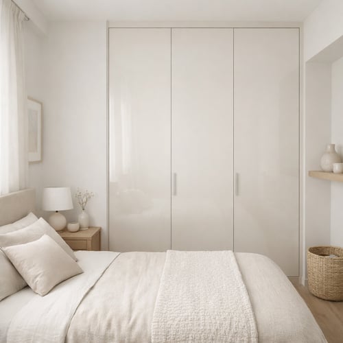 Modern white built-in wardrobe for small bedrooms, fully closed and blending seamlessly with minimalist bedroom decor.