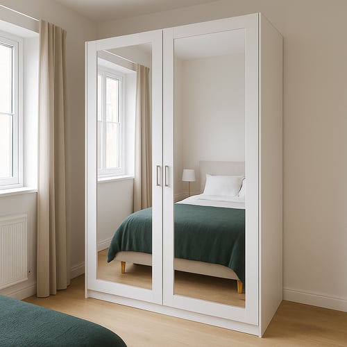 Minimalist bedroom with a white mirrored wardrobe reflecting a neatly made bed and window – perfect for brightening up small spaces and creating a sense of depth.
