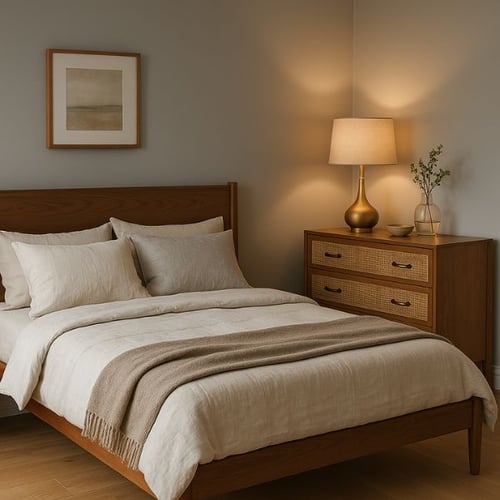 Minimalist bedroom colour ideas in warm beige and wood tones with soft lighting and simple decor