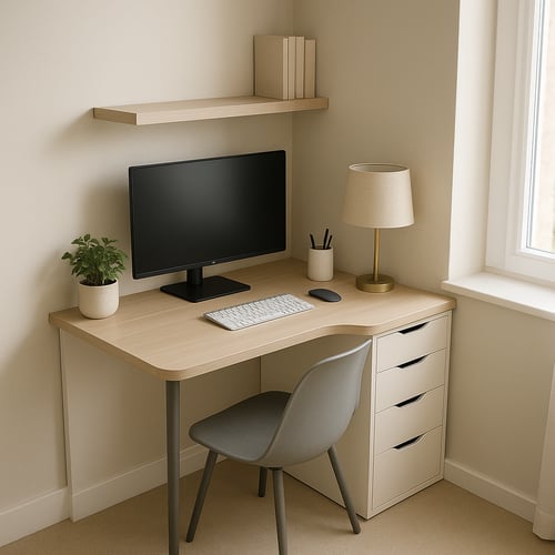 Compact corner workspace setup with wooden desk, computer monitor, drawers, and neutral decor – smart desk idea for small spaces with efficient storage.
